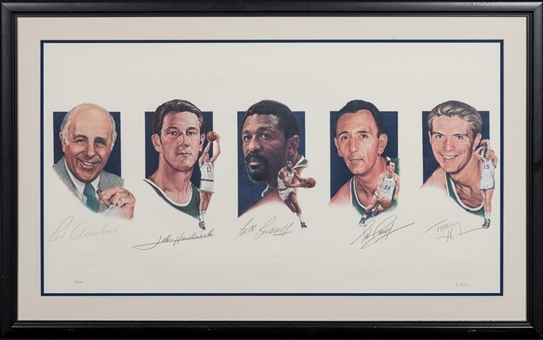 Boston Celtics Legends Signed & Framed 42x26 Artwork - Auerbach, Havlicek, Russell, Cousy & Heinsohn (JSA)